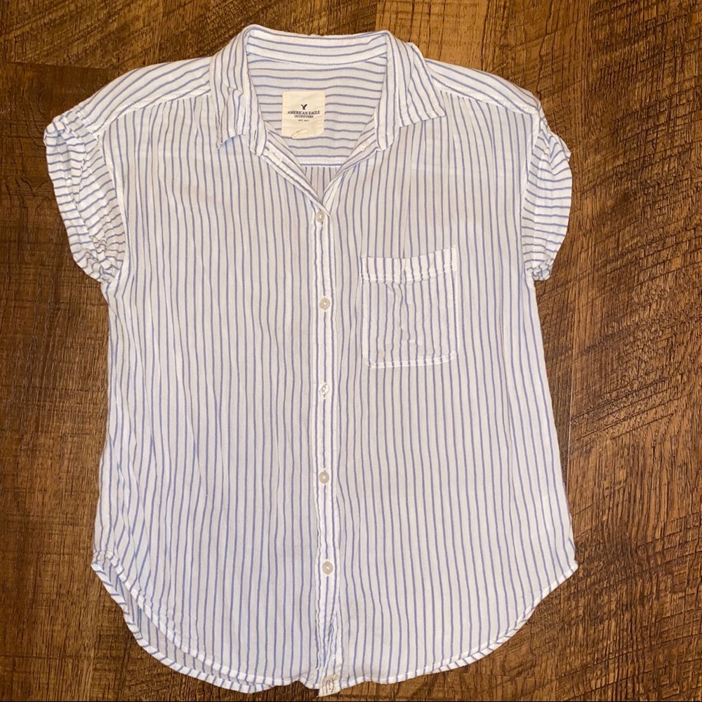 Blue and white striped button down top with pocket